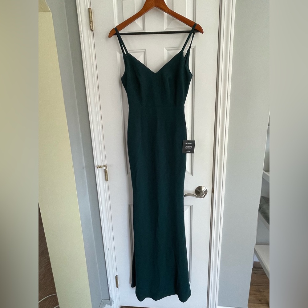 Floor length Lulus gown, dark green blue, XXS. Never been worn